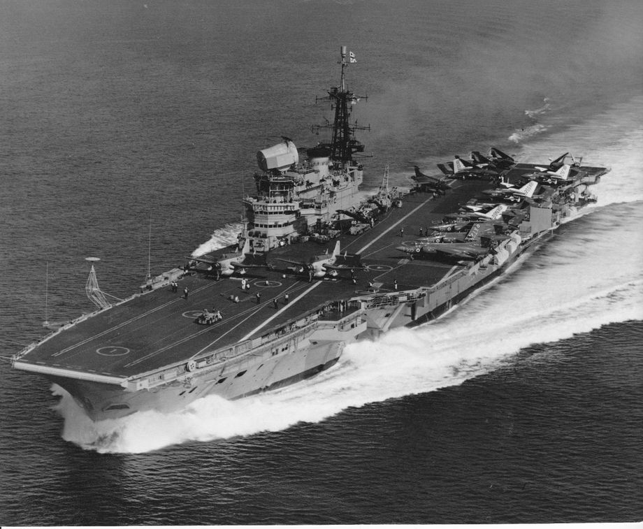 HMS Hermes in the Bay of Biscay with her aircraft squadrons now embarked.