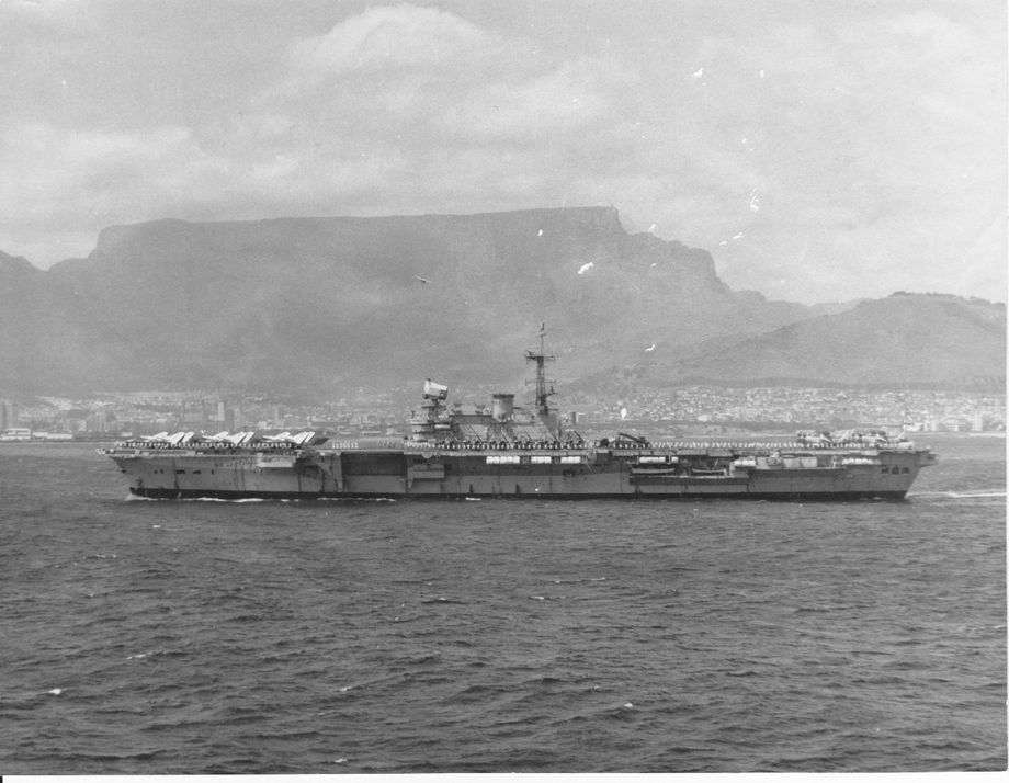 HMS Hermes on her way home, approaches Cape Town, South Africa